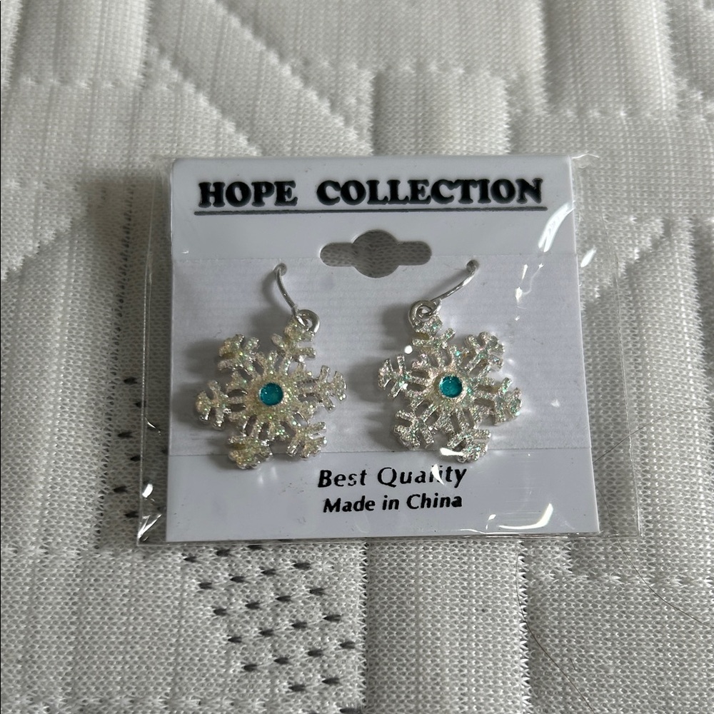 Silver Snowflake Winter Crystal Earrings with Blue Accents